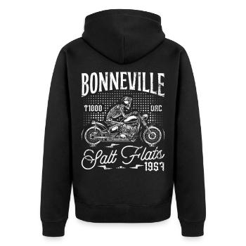 Bonneville Salt Flats Moto Anniversaire 1957 - Veste à capuche bio Premium Unisexe - noir - Dos - Nico (187cm)