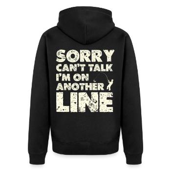 Andere Linie – Line-Pun Shirt - Unisex Premium Bio Zip Hoodie - Schwarz - Hinten - Nico (187cm)