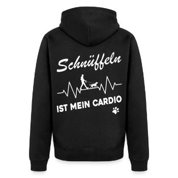 Mantrailing - Schnüffeln ist mein Cardio - Unisex Premium Bio Zip Hoodie - Schwarz - Hinten - Nico (187cm)