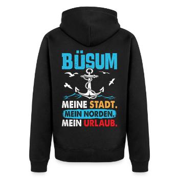 BÜSUM MEINE STADT MEIN NORDEN MEIN URLAUB Lustig - Unisex Premium Bio Zip Hoodie - Schwarz - Hinten - Nico (187cm)