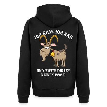 Ich kam, ich sah | kein Bock | Ziege - Unisex Premium Bio Zip Hoodie - Schwarz - Hinten - Nico (187cm)