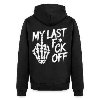My Last F*ck Off – Skelett-Mittelfinger Design - Unisex Premium Bio Zip Hoodie - Schwarz - Hinten - Nico (187cm)
