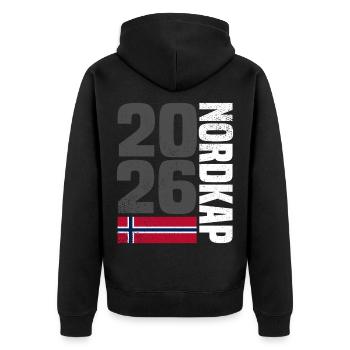 Norwegen Nordkap 2026 - Unisex Premium Bio Zip Hoodie - Schwarz - Hinten - Nico (187cm)