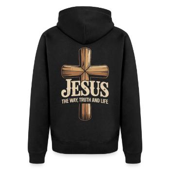 Bibelvers: Jesus Der Weg, Wahrheit Und Leben - Unisex Premium Bio Zip Hoodie - Schwarz - Hinten - Nico (187cm)