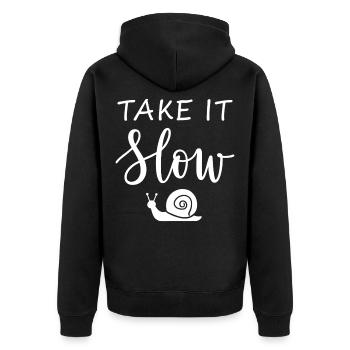 Take it slow Mach langsam mit Schnecke - Unisex Premium Bio Zip Hoodie - Schwarz - Hinten - Nico (187cm)