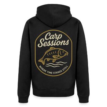 Carp Sessions Wo Die Zeit Stillsteht - Unisex Premium Bio Zip Hoodie - Schwarz - Hinten - Nico (187cm)