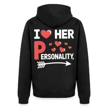 I Heart Her Personality Witzige Liebe Spruch - Unisex Premium Bio Zip Hoodie - Schwarz - Hinten - Nico (187cm)