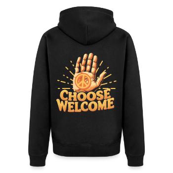 Humanité Egalité Choisir Bienvenue - Veste à capuche bio Premium Unisexe - noir - Dos - Nico (187cm)