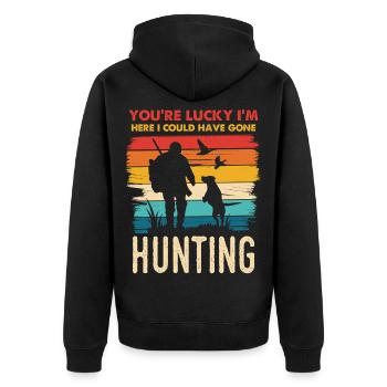 Hunting Humor Silhouette am Sunset - Unisex Premium Bio Zip Hoodie - Schwarz - Hinten - Nico (187cm)