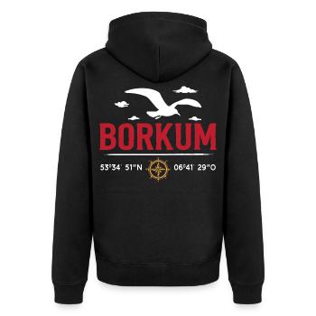Nordsee Urlaub BORKUM INSEL Borkumer Lustiges - Unisex Premium Bio Zip Hoodie - Schwarz - Hinten - Nico (187cm)