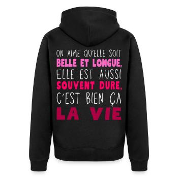 Beautiful and long life - Unisex Premium Organic Zip Hoodie - black - Back - Nico (187cm)
