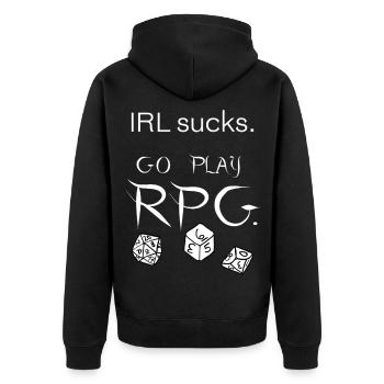 Im echten Leben ist es schrecklich, spiel RPG (weiß) - Unisex Premium Bio Zip Hoodie - Schwarz - Hinten - Nico (187cm)