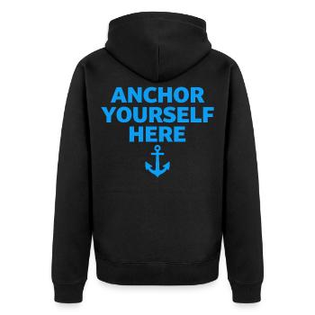 Anchor Yourself Here Anker Statement Achtsamkeit - Unisex Premium Bio Zip Hoodie - Schwarz - Hinten - Nico (187cm)