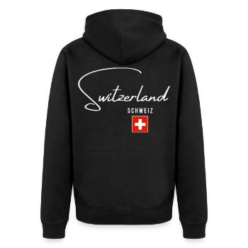 Ich liebe die Schweiz, minimalistisches, schlankes Design - Unisex Premium Bio Zip Hoodie - Schwarz - Hinten - Nico (187cm)