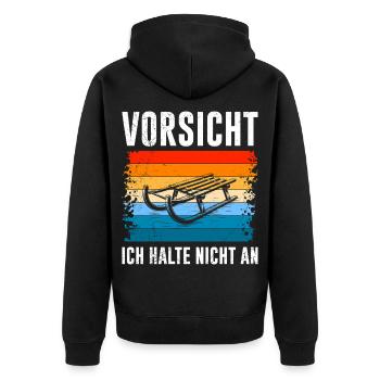 Schlitten Training VORSICHT ICH HALTE NICHT AN - Unisex Premium Bio Zip Hoodie - Schwarz - Hinten - Nico (187cm)