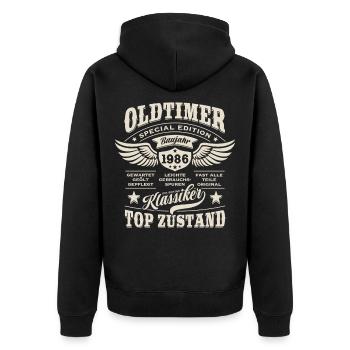 Oldtimer Modell 1986 | Geburtstag Geschenk - Unisex Premium Bio Zip Hoodie - Schwarz - Hinten - Nico (187cm)
