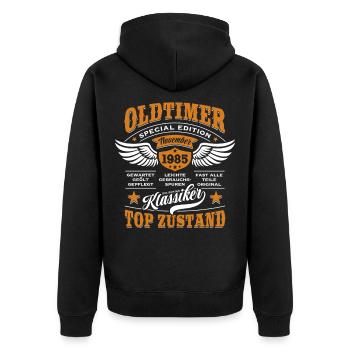 Oldtimer November 1985 | Geburtstag Geschenk - Unisex Premium Bio Zip Hoodie - Schwarz - Hinten - Nico (187cm)