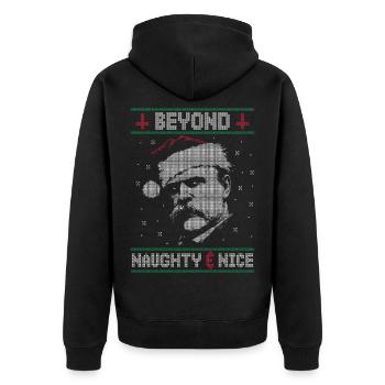 BEYOND NAUGHTY & NICE NIETZSCHE UGLY CHRISTMAS - Unisex Premium Bio Zip Hoodie - Schwarz - Hinten - Nico (187cm)