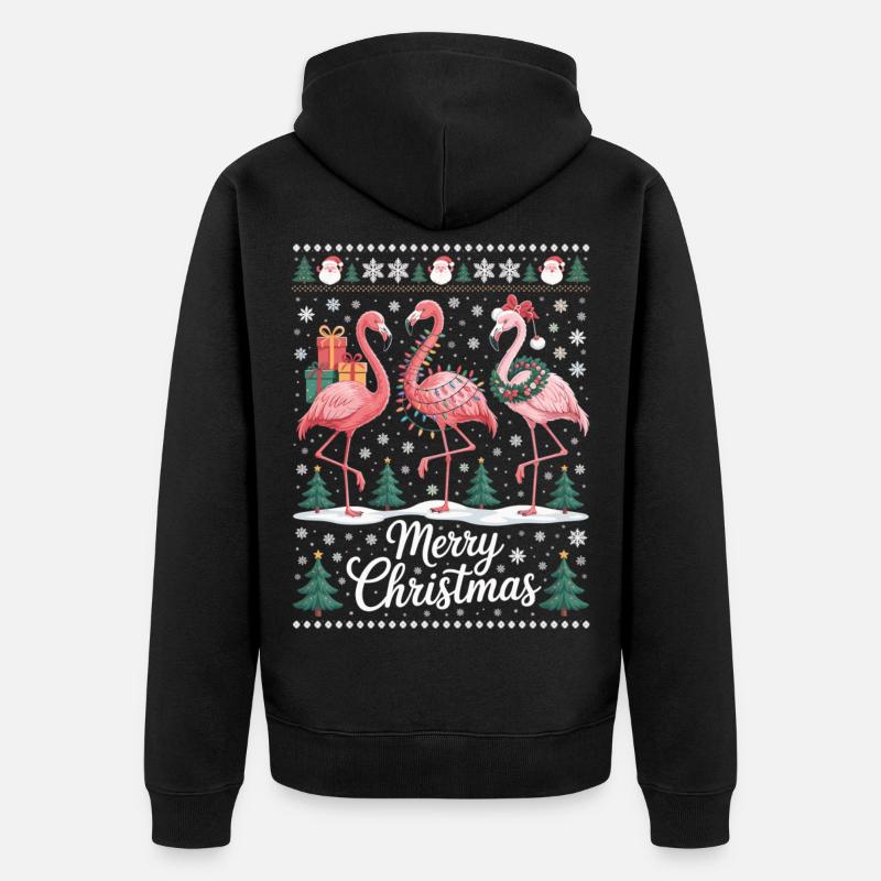 Weihnachtsflamingos mit Schneeflocken und Deko - Unisex Premium Bio Zip Hoodie - Schwarz