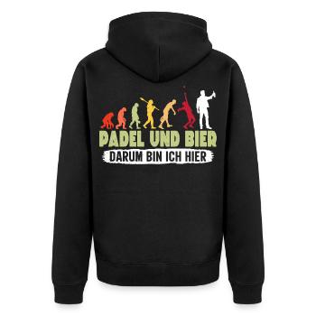 Padelspiel PADEL UND BIER DARUM BIN ICH HIER - Unisex Premium Bio Zip Hoodie - Schwarz - Hinten - Nico (187cm)