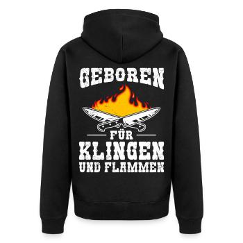 Küchenchef GEBOREN FÜR KLINGEN UND FLAMMEN Lustig - Unisex Premium Bio Zip Hoodie - Schwarz - Hinten - Nico (187cm)