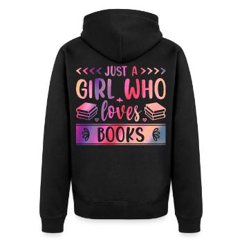 Just a girl who loves books - Unisex Premium Bio Zip Hoodie - Schwarz - Hinten - Nico (187cm)