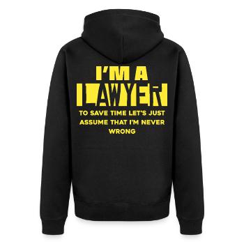 Ich bin Anwalt – Zeit sparen Spruch - Unisex Premium Bio Zip Hoodie - Schwarz - Hinten - Nico (187cm)