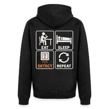 Essen, schlafen, erkennen, wiederholen, Metallerkennung Spaß - Unisex Premium Bio Zip Hoodie - Schwarz - Hinten - Nico (187cm)