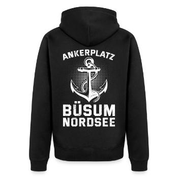 Büsumer ANKERPLATZ BÜSUM NORDSEE Lustiges - Unisex Premium Bio Zip Hoodie - Schwarz - Hinten - Nico (187cm)