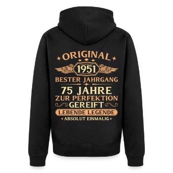 1951 Baujahr Lebende Legende - 75. Geburtstag - Unisex Premium Bio Zip Hoodie - Schwarz - Hinten - Nico (187cm)