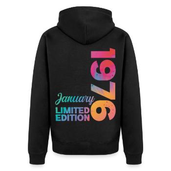 Anniversaire Janvier 1976 Né en Janvier Cadeau - Veste à capuche bio Premium Unisexe - noir - Dos - Nico (187cm)