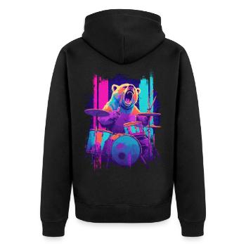 Wilder Bär am Schlagzeug - Rock Drummer Geschenk - Unisex Premium Bio Zip Hoodie - Schwarz - Hinten - Nico (187cm)