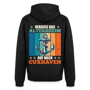 Nordsee VERGISS DAS ALTERSHEIM AUF NACH - Unisex Premium Bio Zip Hoodie - Schwarz - Hinten - Nico (187cm)