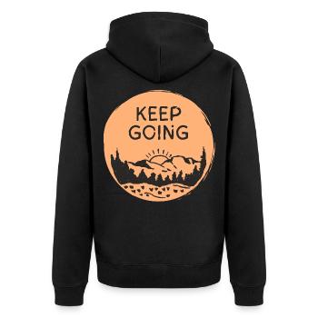 Keep Going / Berglandschaft Sonnenaufgang - Unisex Premium Bio Zip Hoodie - Schwarz - Hinten - Nico (187cm)