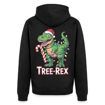 Tree-Rex – T-Rex mit Zuckerstange & Lichtern - Unisex Premium Bio Zip Hoodie - Schwarz - Hinten - Nico (187cm)
