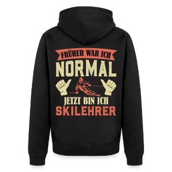 Skifahren FRÜHER WAR ICH NORMAL JETZT BIN ICH - Unisex Premium Bio Zip Hoodie - Schwarz - Hinten - Nico (187cm)