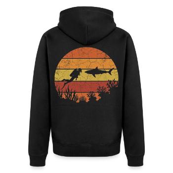 Diver and shark with retro sunset - Unisex Premium Organic Zip Hoodie - black - Back - Nico (187cm)