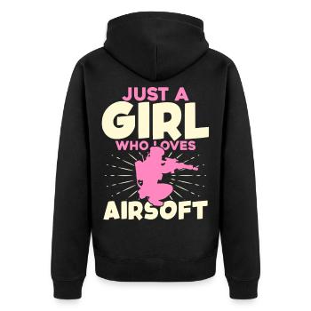 Just a Girl Who Loves Airsoft - Unisex Premium Bio Zip Hoodie - Schwarz - Hinten - Nico (187cm)