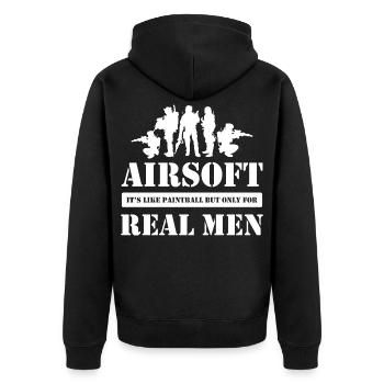 Airsoft Real Männer Taktischer Humor - Unisex Premium Bio Zip Hoodie - Schwarz - Hinten - Nico (187cm)