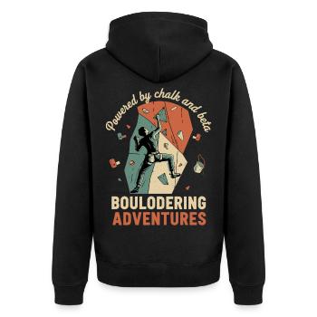 Powered By Chalk And Beta Bouldering Adventures - Unisex Premium Organic Zip Hoodie - black - Back - Nico (187cm)