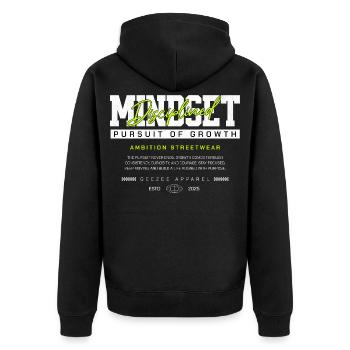 Mindset Disziplin – Pursuit of Growth Streetwear - Unisex Premium Bio Zip Hoodie - Schwarz - Hinten - Nico (187cm)