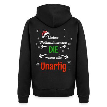 Unartig Weihnachtsmann Spruchdesign - Unisex Premium Bio Zip Hoodie - Schwarz - Hinten - Nico (187cm)