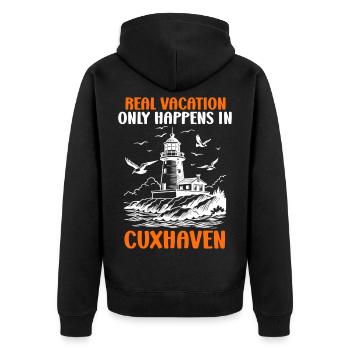 North Sea REAL HOLIDAYS ARE ONLY AVAILABLE IN CUXHAVEN - Unisex Premium Organic Zip Hoodie - black - Back - Nico (187cm)