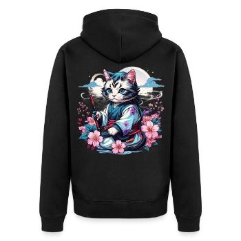Japanese Kawaii Ninja Cat - Unisex Premium Organic Zip Hoodie - black - Back - Nico (187cm)