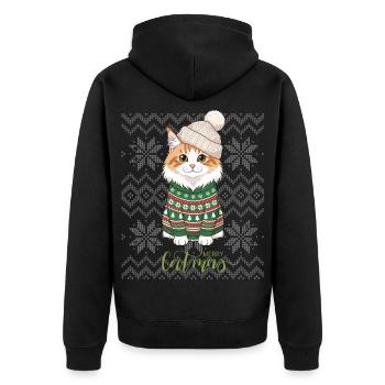 Katzenweihnachten im grünen und beigefarbenen Pullover - Unisex Premium Bio Zip Hoodie - Schwarz - Hinten - Nico (187cm)
