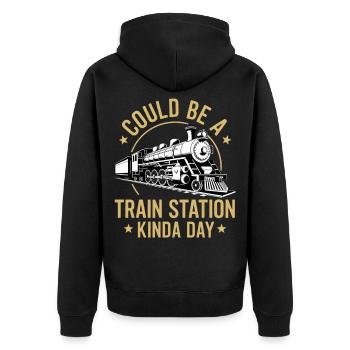 Zugromantik Bahnhofsvibe - Unisex Premium Bio Zip Hoodie - Schwarz - Hinten - Nico (187cm)