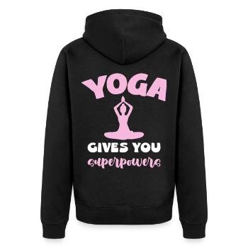 Yoga Gibt Dir Superkräfte - Unisex Premium Bio Zip Hoodie - Schwarz - Hinten - Nico (187cm)