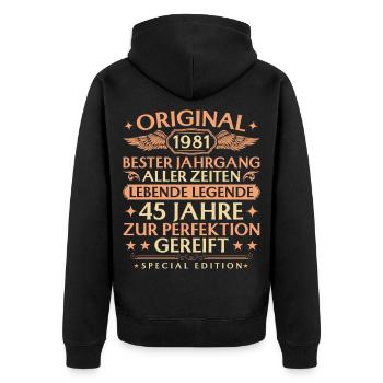 Anniversaire original du millésime 1981 : 45 ans - Veste à capuche bio Premium Unisexe - noir - Dos - Nico (187cm)