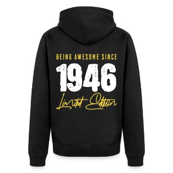 80e anniversaire Né en 1946 - Veste à capuche bio Premium Unisexe - noir - Dos - Nico (187cm)