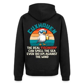 CUXHAVEN DER ECHTE FISCHKOPF KANN DAS MEER RIECHEN - Unisex Premium Bio Zip Hoodie - Schwarz - Hinten - Nico (187cm)